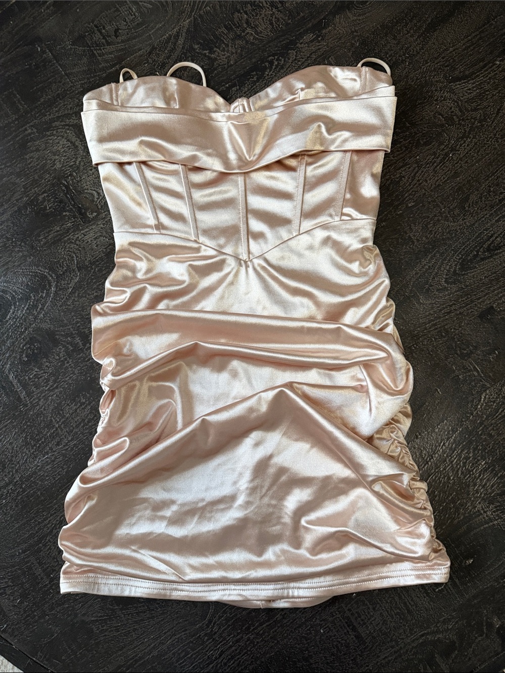 Strapless Satin Ruched Mini Dress in Blush